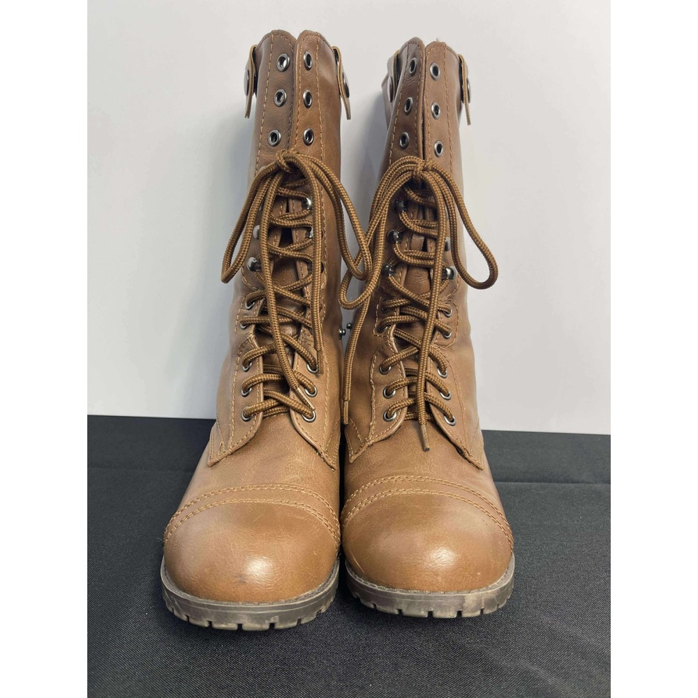 Womens Brown Combat Lace Up Mid Calf Boots Size 8